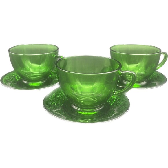 VTG Anchor Hocking Forest Green Sandwich Glass Pattern Cups & Saucers Set Of 3 - Picture 1 of 7